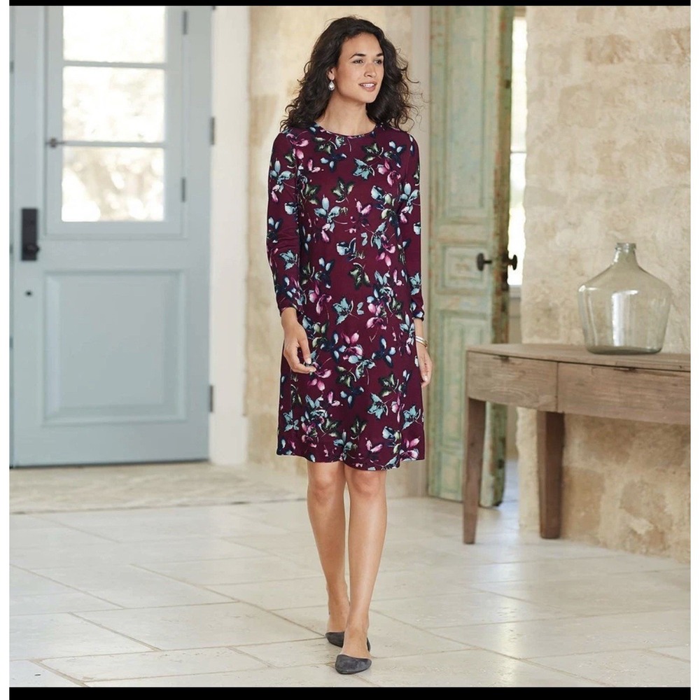 J.Jill Women's Burgundy Multicolor  Stretch Ponte Knit Leaf-Print Dress